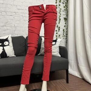 Y2K punk scene grunge SWS red low rise skinny jeans embroidered pockets size 3
